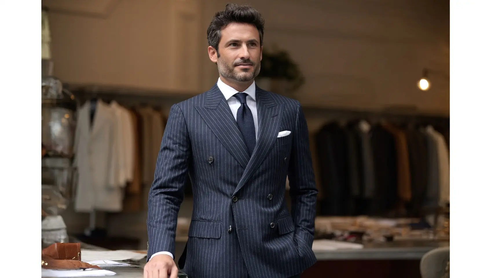 costume croisé rayures bleu marine costume business sur mesure Paris